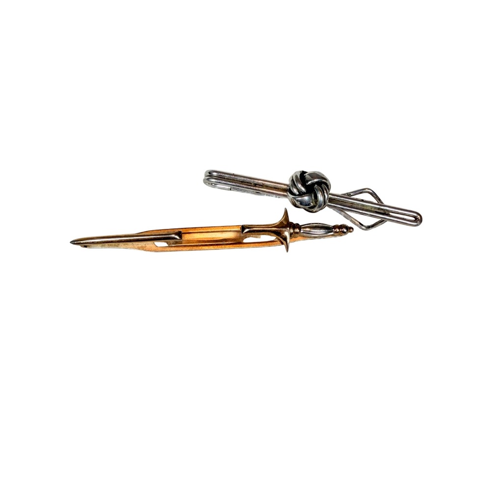 Swank Mens Tie Clip Set 2pc Gold Silver Tone Dagger Sword Love Knot MCM Vintage